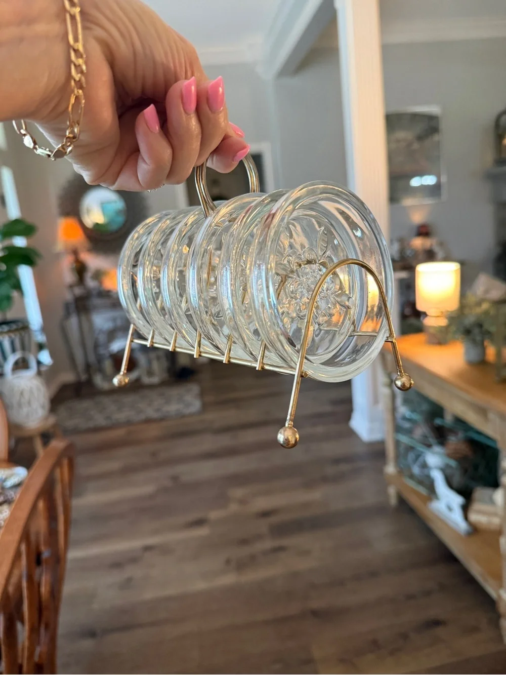 Vintage Mid‑Century Modern Glass Coasters & Brass Caddy – Fleur‑de‑Lis Set of 6